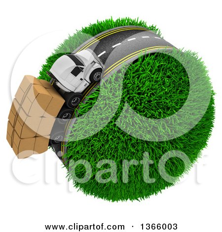 Clipart of a 3d Roadway with a Big Rig Truck Transporting Boxes, Driving Around a Grassy Planet, on White - Royalty Free Illustration by KJ Pargeter
