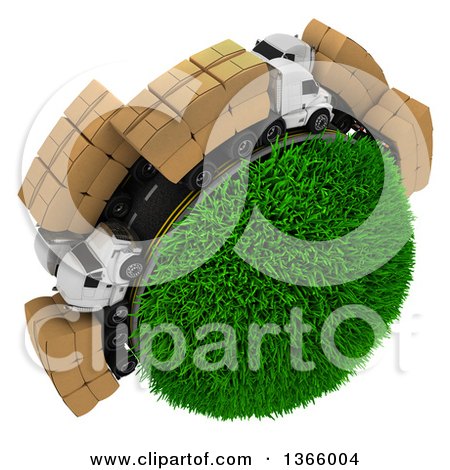 Clipart of a 3d Roadway with Big Rig Trucks Transporting Boxes, Driving Around a Grassy Planet, on White - Royalty Free Illustration by KJ Pargeter