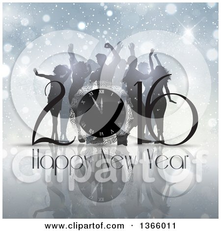 Clipart of a 3d Clock in a Happy New Year 2016 Greeting over Silhouetted People Dancing, Snowflakes and Flares - Royalty Free Vector Illustration by KJ Pargeter