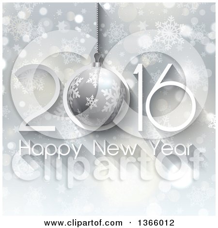 Clipart of a 3d Bauble in a Happy New Year 2016 Greeting over Snowflakes, Stars and Flares - Royalty Free Vector Illustration by KJ Pargeter