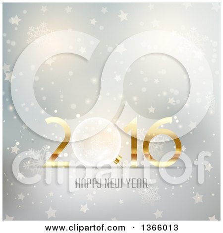 Clipart of a 3d Transparent Glass Bauble in a Gold Happy New Year 2016 Greeting over Snowflakes, Stars and Flares - Royalty Free Vector Illustration by KJ Pargeter