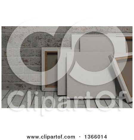 Clipart of 3d Blank Art Canvases, on Wood over Bricks - Royalty Free Illustration by KJ Pargeter