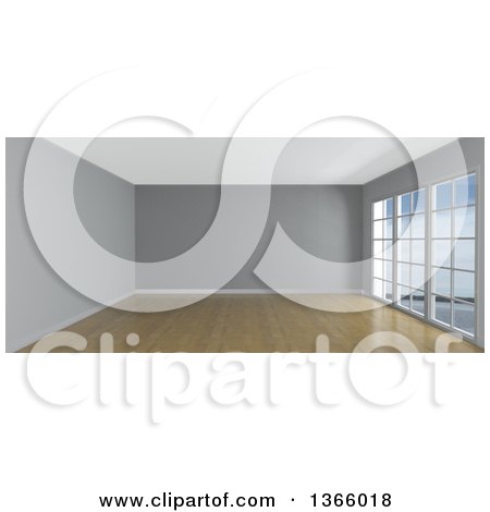 Clipart of a 3d Empty Room Interior with Floor to Ceiling Windows, Wooden Flooring, and a Gray Feature Wall - Royalty Free Illustration by KJ Pargeter