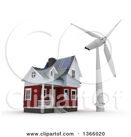 Clipart of a 3d House with a Wind Turbine Windmill, on a White Background - Royalty Free Illustration by KJ Pargeter