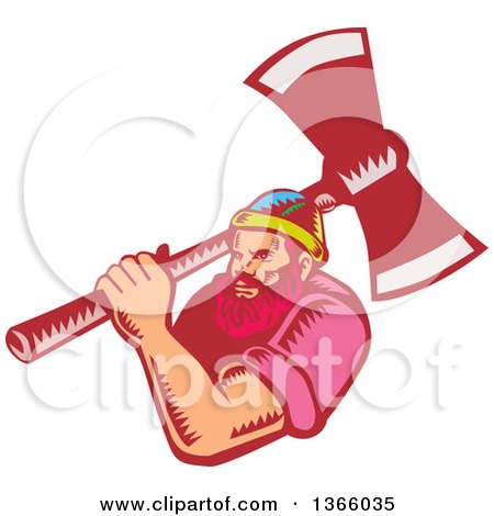 Clipart of a Retro Woodcut White Male Lumberjack Holding an Axe over His Shoulder - Royalty Free Vector Illustration by patrimonio