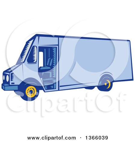 Clipart of a Retro Woodcut Blue Delivery Van - Royalty Free Vector Illustration by patrimonio