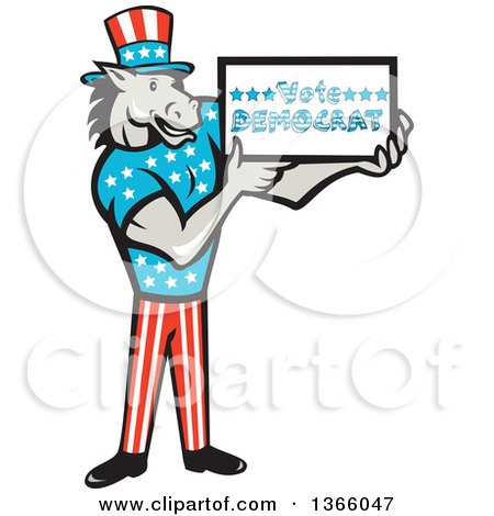 Clipart of a Retro Cartoon Donkey Wearing a Top Hat and Holding a Vote Democrat Sign - Royalty Free Vector Illustration by patrimonio