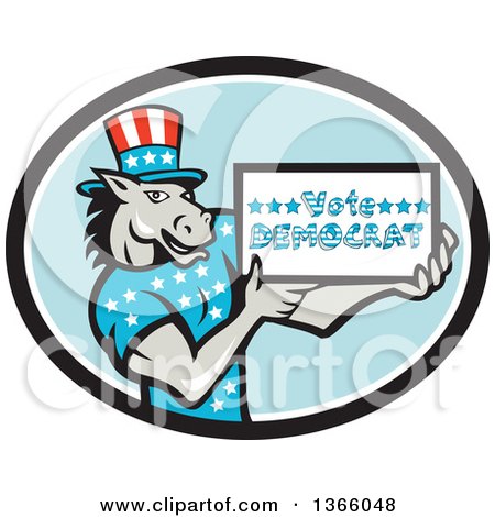 Clipart of a Retro Cartoon Donkey Wearing a Top Hat and Holding a Vote Democrat Sign in an Oval - Royalty Free Vector Illustration by patrimonio