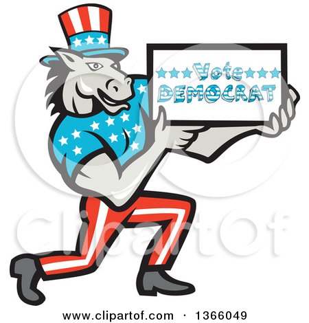 Clipart of a Retro Cartoon Donkey Wearing a Top Hat, Kneeling and Holding a Vote Democrat Sign - Royalty Free Vector Illustration by patrimonio