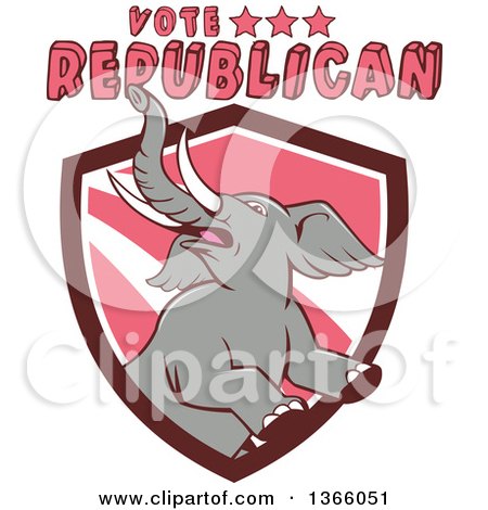Clipart of a Retro Rearing Political Elephant in a Shield with Vote Republican Text - Royalty Free Vector Illustration by patrimonio