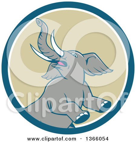 Clipart of a Retro Cartoon Prancing and Rearing Elephant in a Blue White and Tan Circle - Royalty Free Vector Illustration by patrimonio