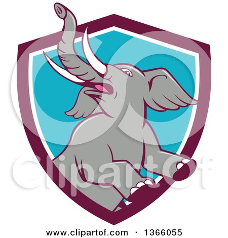 Clipart of a Cartoon Prancing and Rearing Elephant in a Purple White and Blue Shield - Royalty Free Vector Illustration by patrimonio