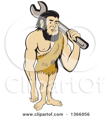Clipart of a Cartoon Caveman Mechanic Holding a Giant Spanner Wrench over His Shoulder - Royalty Free Vector Illustration by patrimonio