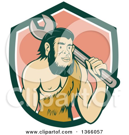 Clipart of a Retro Cartoon Caveman Mechanic Holding a Giant Spanner Wrench over His Shoulder in a Shield - Royalty Free Vector Illustration by patrimonio