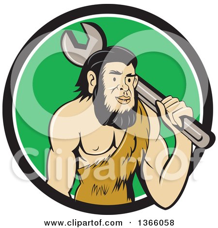 Clipart of a Cartoon Caveman Mechanic Holding a Giant Spanner Wrench over His Shoulder in a Black White and Green Circle - Royalty Free Vector Illustration by patrimonio