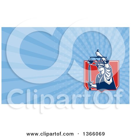 Clipart of a Retro Statue of Liberty Holding Justice Scales in a Red Shield and Blue Rays Background or Business Card Design - Royalty Free Illustration by patrimonio