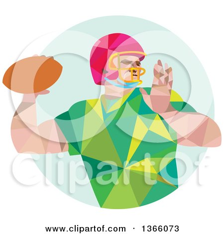 Clipart of a Retro Low Polygon Style American Football Player Throwing over a Pastel Green Circle - Royalty Free Vector Illustration by patrimonio