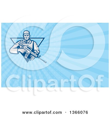 Clipart of a Retro Male Soldier with an Assault Rifle in a Blue Triangle and Blue Rays Background or Business Card Design - Royalty Free Illustration by patrimonio