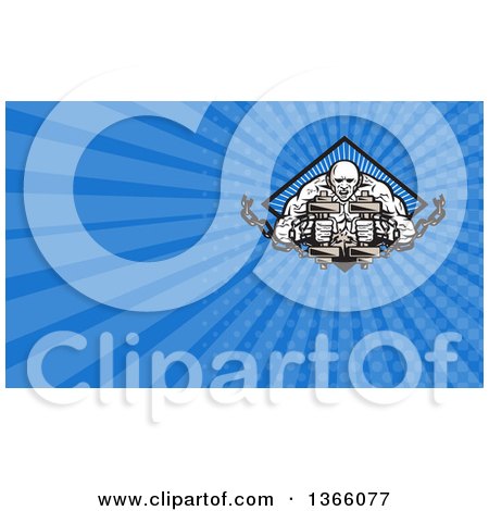 Clipart of a Muscular Strongman Working out with Chains and Dumbbells in a Diamond and Blue Rays Background or Business Card Design - Royalty Free Illustration by patrimonio