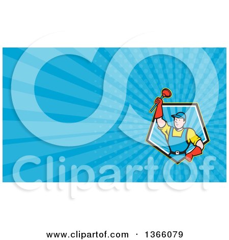 Clipart of a Cartoon Super Plumber Holding up a Plunger and Blue Rays Background or Business Card Design - Royalty Free Illustration by patrimonio