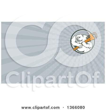 Clipart of a Retro Cartoon Polar Bear Plumber Mascot Wielding a Monkey Wrench in a Circle and Gray Rays Background or Business Card Design - Royalty Free Illustration by patrimonio