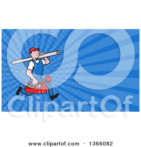 Clipart of a Cartoon Plumber Worker Running with a Pipe and Tool Box and Blue Rays Background or Business Card Design - Royalty Free Illustration by patrimonio