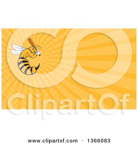 Clipart of a Cartoon Killer Bee Baseball Player Mascot Batting and Orange Rays Background or Business Card Design - Royalty Free Illustration by patrimonio