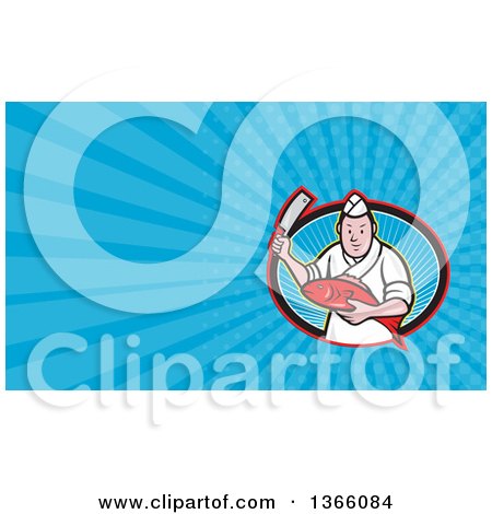 Clipart of a Japanese Fishmonger or Sushi Chef Holding a Fish and Knife in a Ray Oval and Blue Rays Background or Business Card Design - Royalty Free Illustration by patrimonio