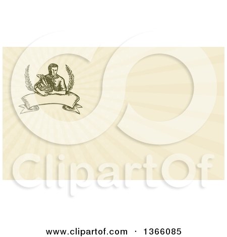 Clipart of a Sketched or Engraved Farmer Holding a Harvest Basket with Branches over a Banner and Tan Rays Background or Business Card Design - Royalty Free Illustration by patrimonio