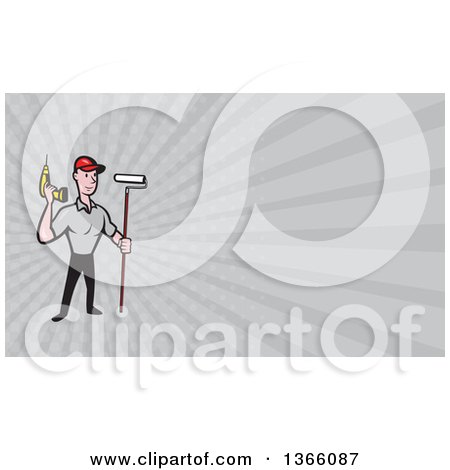 Clipart of a Cartoon Handyman Worker with a Drill and Paint Roller Brush and Gray Rays Background or Business Card Design - Royalty Free Illustration by patrimonio