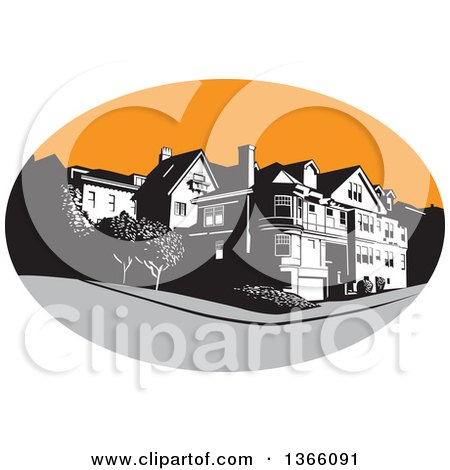 Clipart of a Retro American Mansion House in a Gray and Orange Oval - Royalty Free Vector Illustration by patrimonio