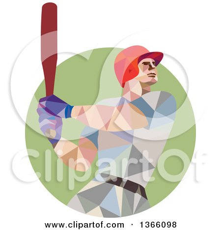 Clipart of a Retro Low Polygon Style Style Baseball Player Batting in a Green Circle - Royalty Free Vector Illustration by patrimonio