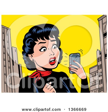 Clipart of a Retro Woman Holding a Smart Phone and Reading a Shocking Notification - Royalty Free Vector Illustration by Clip Art Mascots