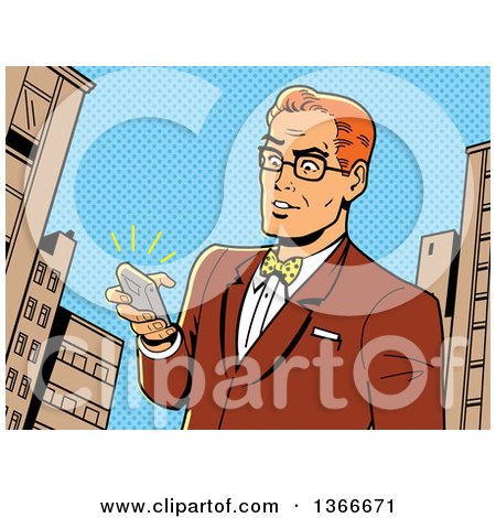 Clipart of a Retro Comic Styled Bespectacled Red Haired Caucasian Man Holding a Ringing Smart Phone in a City - Royalty Free Vector Illustration by Clip Art Mascots