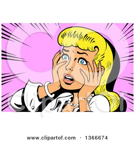 Clipart of a Retro Blond Caucasian Dramatic Woman Touching Her Face and Looking Shocked, over Pink - Royalty Free Vector Illustration by Clip Art Mascots