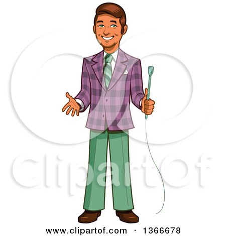 Clipart of a Cartoon Happy Retro Male Game Show Host Holding a Microphone and Gesturing - Royalty Free Vector Illustration by Clip Art Mascots
