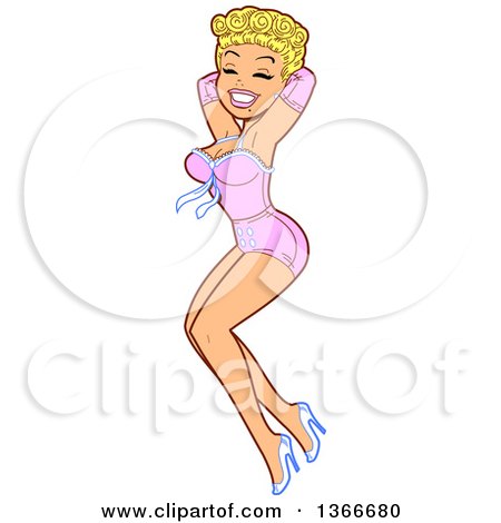 Clipart of a Cartoon Retro Glamorous Blond Caucasian Bombshell Pinup Woman in a Pink Sexy Outfit - Royalty Free Vector Illustration by Clip Art Mascots