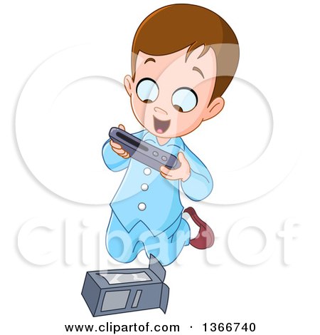 Clipart of a Cartoon Excited Brunette White Boy in His Pajamas, Kneeling and Opening a Christmas or Birthday Gift - Royalty Free Vector Illustration by yayayoyo