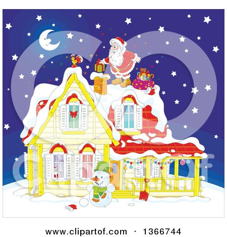 Clipart of Santa Claus on a Roof Top, Dropping a Gift down a Chimney on a Snowy Christmas Eve Night - Royalty Free Vector Illustration by Alex Bannykh