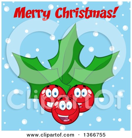 Clipart of a Cartoon Merry Christmas Greeting over a Holly Berry and Leaves Character on Blue - Royalty Free Vector Illustration by Hit Toon