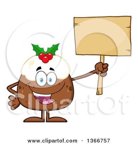 Clipart of a Cartoon Christmas Pudding Character Holding a Blank Wood Sign - Royalty Free Vector Illustration by Hit Toon