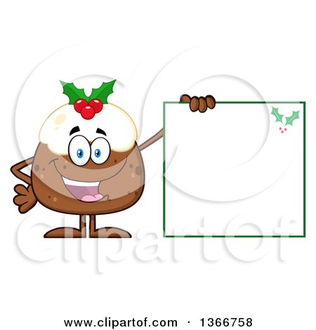 Clipart of a Cartoon Christmas Pudding Character Holding a Blank Sign - Royalty Free Vector Illustration by Hit Toon