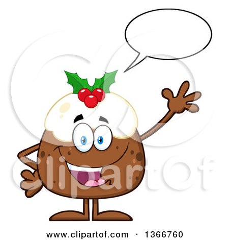 Clipart of a Cartoon Christmas Pudding Character Talking and Waving - Royalty Free Vector Illustration by Hit Toon
