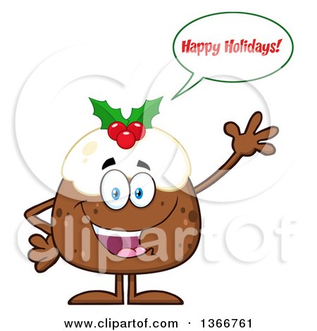Clipart of a Cartoon Christmas Pudding Character Saying Happy Holidays and Waving - Royalty Free Vector Illustration by Hit Toon
