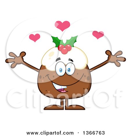 Clipart of a Cartoon Christmas Pudding Character Welcoming with Hearts - Royalty Free Vector Illustration by Hit Toon