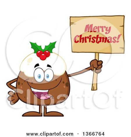 Clipart of a Cartoon Christmas Pudding Character Holding a Merry Christmas - Royalty Free Vector Illustration by Hit Toon