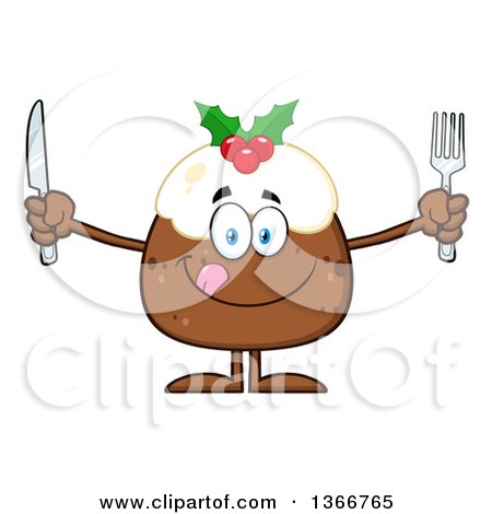 Clipart of a Cartoon Hungry Christmas Pudding Character Holding Silverware - Royalty Free Vector Illustration by Hit Toon