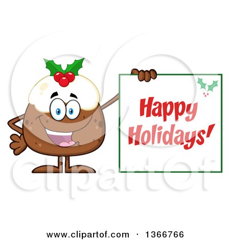 Cartoon Christmas Pudding Character Holding a Happy Holidays Posters