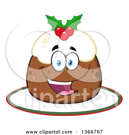 Clipart of a Cartoon Happy Christmas Pudding Character on a Cake - Royalty Free Vector Illustration by Hit Toon