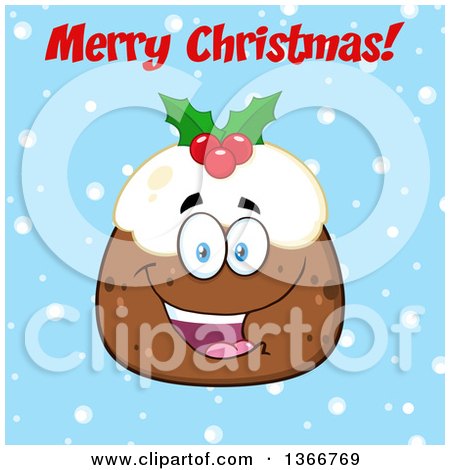 Clipart of a Cartoon Happy Christmas Pudding Character with Merry Christmas Text on Blue - Royalty Free Vector Illustration by Hit Toon